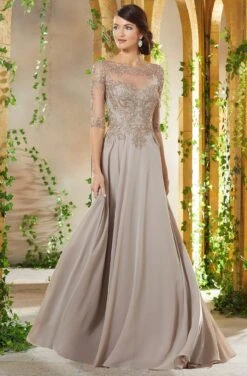 MGNY By Mori Lee - 71908 Bead Embroidered Chiffon A-line Gown -Mori Lee mgny by mori lee 71908 bead embroidered chiffon a line gown mother of the bride dresses 0 taupe 28080361898067