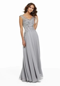 MGNY By Mori Lee - 72021 Beaded Lace V-neck A-line Chiffon Gown -Mori Lee mgny by mori lee 72021 beaded lace v neck a line chiffon gown mother of the bride dresses 0 silver 28818111397971