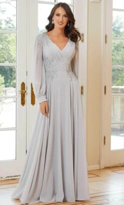 MGNY By Mori Lee 72717 - Bishop Sleeved Formal Dress -Mori Lee mgny by mori lee 72717 bishop sleeved formal dress evening dresses 00 silver 32019898728531