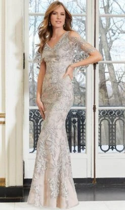 MGNY By Mori Lee - Short Sleeve Embroidered Prom Gown 72622SC - 1 Pc Champagne In Size 6 Available