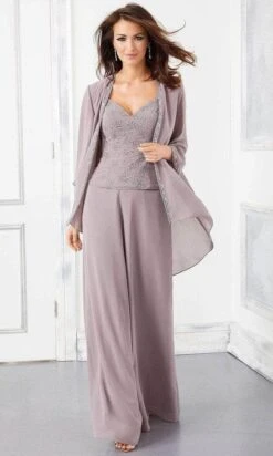 MGNY By Mori Lee - V-Neck Chiffon Pant Suit 72303SC - 1 Pc Taupe In Size 16 Available
