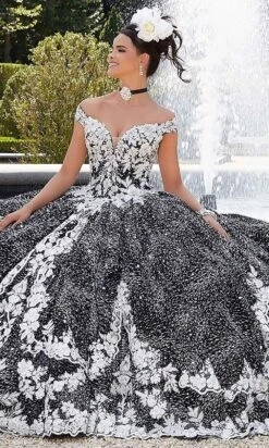 Mori Lee - 34042 Plunging Floral Embroidered Ballgown -Mori Lee mori lee 34042 plunging floral embroidered ballgown quinceanera dresses 15676363014227