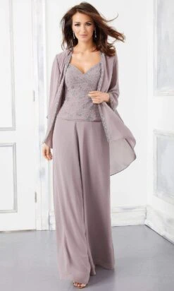 Mori Lee - 72303 3 Piece Set Beaded Chiffon Pant Suit -Mori Lee mori lee 72303 3 piece set beaded chiffon pant suit evening dresses 2 taupe 15885499367507