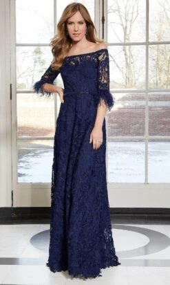 Mori Lee 72602 - Lace Feathered Evening Dress -Mori Lee mori lee 72602 lace feathered evening dress evening dresses 00 navy 31386521796691