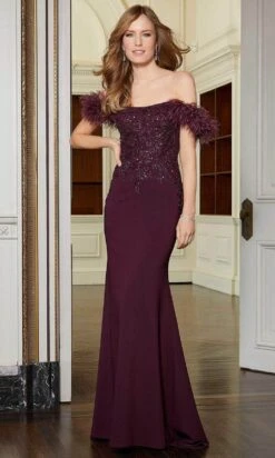 Mori Lee 72621 - Feathered Off-Shoulder Evening Gown -Mori Lee mori lee 72621 feathered off shoulder evening gown evening dresses 00 plum 31386603290707