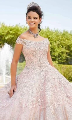 Mori Lee - 89302 Off Shoulder Rhinestone Beaded Glitter Net Ballgown -Mori Lee mori lee 89302 off shoulder rhinestone beaded glitter net ballgown quinceanera dresses 15679948259411
