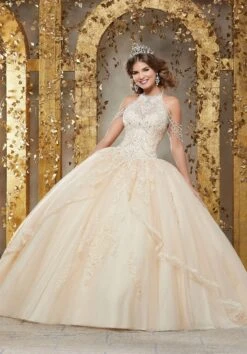 Vizcaya By Mori Lee - 89227 Crystal Beaded Halter Neck Tulle Ballgown -Mori Lee vizcaya by mori lee 89227 crystal beaded halter neck tulle ballgown quinceanera dresses 0 champagne nude 12768294502483