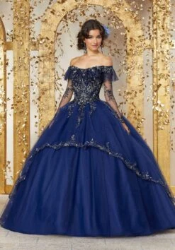 Vizcaya By Mori Lee - 89235 Off Shoulder Illusion Long Sleeve Ballgown -Mori Lee vizcaya by mori lee 89235 off shoulder illusion long sleeve ballgown special occasion dress 0 navy 12788315127891